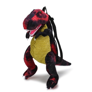 Zaino peluche a forma di dinosauro T-Rex con motivo mimetico rosso nero e pancia gialla