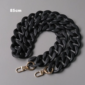 Close-up of 85cm matte black chunky acrylic bag chain with gold lobster clasps