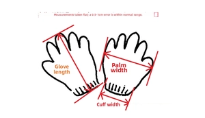 Size chart showing palm width and length measurements for glow-in-the-dark skull gloves
