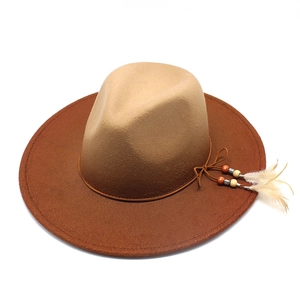 Classic Fedora hat in brown gradient felt with decorative feather and bead ornaments