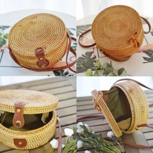 Detail views of round woven rattan bag with leather straps and floral fabric lining
