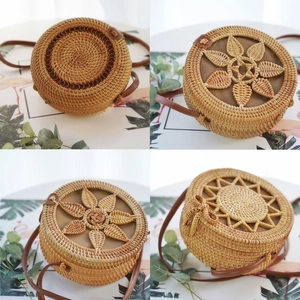 Close-up of four intricate handwoven patterns on a round natural rattan bag with leather strap