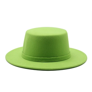 Flat top bright green wide brim wool felt boater hat with matching ribbon for men and women