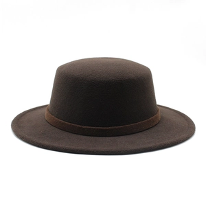 Detail of dark brown wool felt flat top hat featuring a matching matte texture decorative band