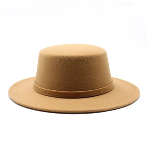 Classic camel wool felt flat top boater hat for men and women with matching ribbon band