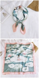 Detailed pattern of small silk square scarf featuring lotus pond and lady illustration