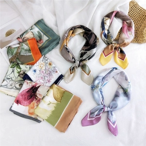 Elegant 70cm silk-like square scarf featuring tropical palm and floral prints for women