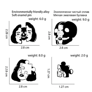 Size chart showing artistic punk skull mask pins with dimensions and weight details