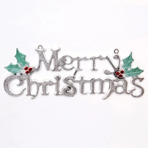 Silver Merry Christmas hanging sign with green holly leaves and red berries on white background