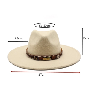 Detailed size chart of beige wide-brim fedora hat with feather accessory and band