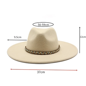 Detail view of beige fedora hat showing 9.5cm brim width and 56-59cm circumference specs