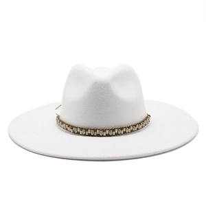White wide-brim wool fedora hat with blue bohemian beaded band for women and men