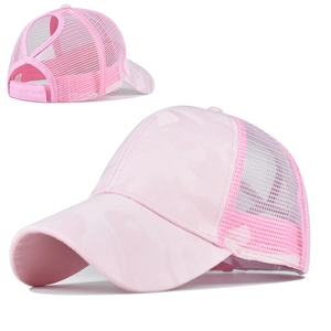 Close-up of pink camo baseball cap featuring a back ponytail hole with elastic crisscross bands
