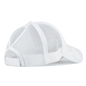Detailed back view of white mesh ponytail baseball cap with adjustable velcro strap closure