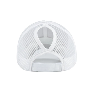Rear view of white trucker hat showing breathable mesh and ponytail cutout detail