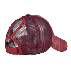 Detail of burgundy camo ponytail baseball cap featuring breathable mesh and elastic cross bands