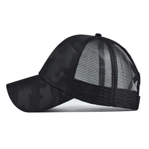 Black camouflage mesh baseball cap with breathable trucker hat design and ponytail hole