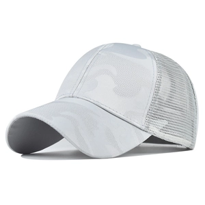 Detail view of breathable grey mesh back and subtle camo pattern on a ponytail baseball cap