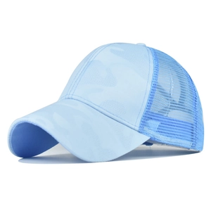 Close-up of light blue camouflage ponytail baseball cap with breathable mesh back panel