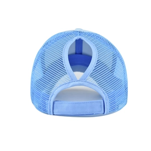 Detail view of light blue mesh baseball cap with high ponytail opening and velcro strap