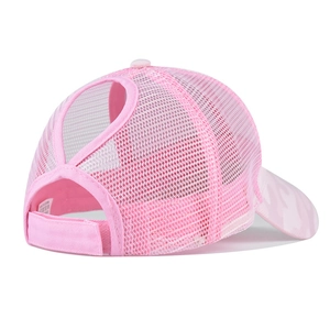 Pink ponytail baseball cap featuring breathable mesh back and adjustable velcro strap