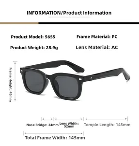 Detailed size specifications for black square PC sunglasses showing 145mm frame width