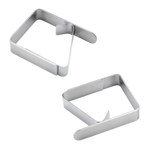 Silver stainless steel tablecloth clips in a set of two with a polished metal finish