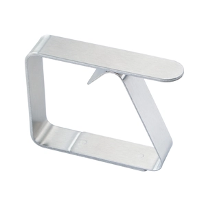 Polished silver stainless steel tablecloth clip for secure outdoor table dining