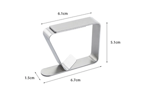 Detail view of stainless steel tablecloth clip with precise dimension markings in cm