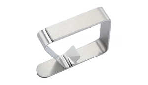 Close-up of a stainless steel tablecloth clip with a brushed metal surface finish