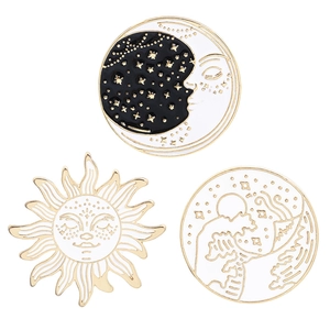 Retro vintage sun moon and star enamel brooch pins with gold alloy and wave motifs