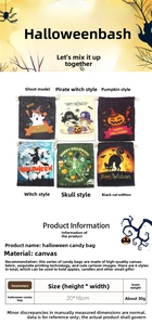 Detailed size chart and multi-style display of canvas Halloween drawstring candy bags