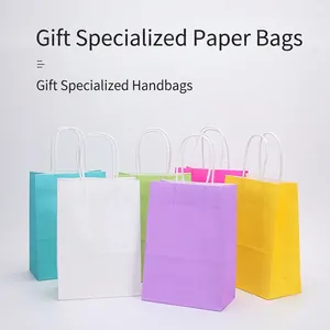 Set of colorful kraft paper gift bags with white twisted handles for retail and events