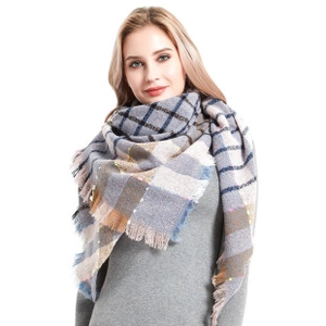 Detail shot of the soft plaid acrylic loop yarn scarf with tassels in blue and grey