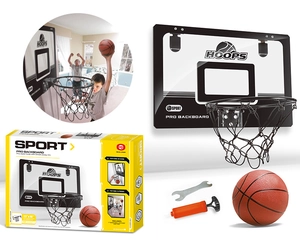 Detailed view of mini basketball set including 23x16 inch backboard, hoop, and pump