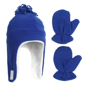 Close-up of royal blue kids winter hat and mittens set with thick fleece lining
