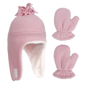 Detailed view of pink fleece winter hat and mittens set with soft warm lining for kids