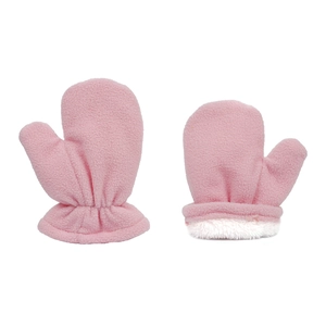 Pink fleece baby mittens with warm faux sheepskin lining and elastic ribbed cuffs