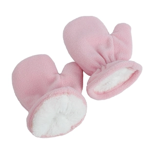Pink fleece baby mittens with thick faux shearling lining and elastic cuffs for winter
