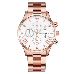 Men's fashion chronograph watch with rose gold steel strap and three-eye calendar dial