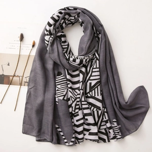 Modern grey cotton linen shawl with black and white geometric patterns for sun protection