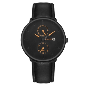 Montre à quartz pour hommes avec cadran noir mat, accents orange et bracelet cuir