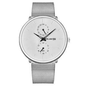 Reloj plateado para hombre con manecillas azules, fecha y correa de malla milanesa