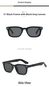 Detail of trendy black square sunglasses featuring silver metal rivets on the temples