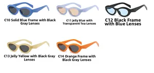 Showcase of five retro oval cat eye sunglasses in various frame colors with SKU labels