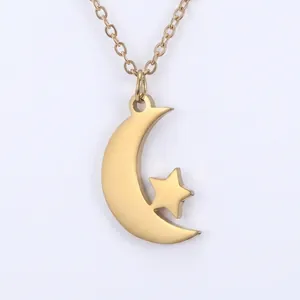 Polished gold crescent moon and star pendant necklace with dimensions 15.81mm by 9.64mm