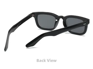 Detail view of square black sunglasses showing temples with dual rivet decorations