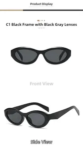 Detail view of oval cat-eye sunglasses with glossy black frames and dark grey lenses