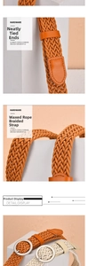 Detailed close-up of woven wax rope belts with round metal buckles and faux leather tips