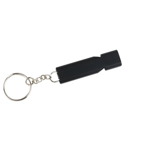 Detail view of the black matte aluminum survival whistle with a secure metal keychain ring